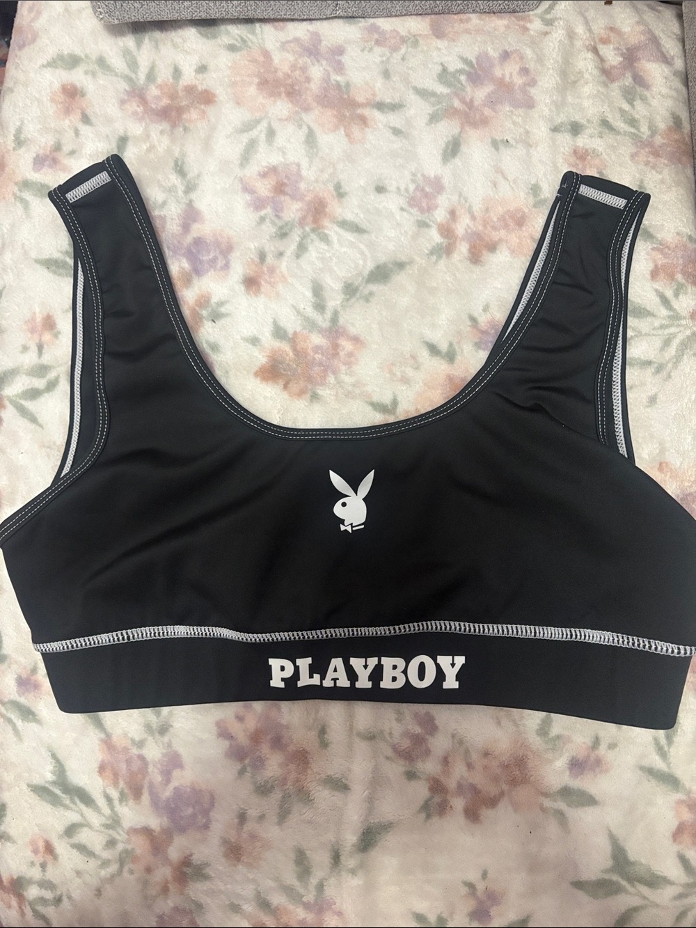 PLAYBOY Black Logo Sports Bralette with White Branding